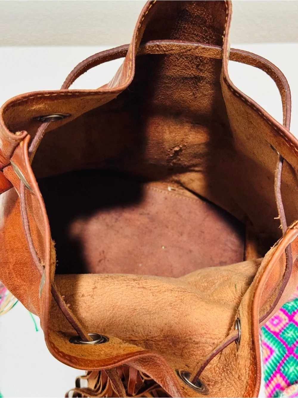 Vintage dark brown bohemian hippie leather bucket with macrame braided strap